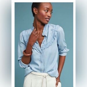 Anthropologie Maeve Chambray Ruffle Button Down Blouse Size US 6